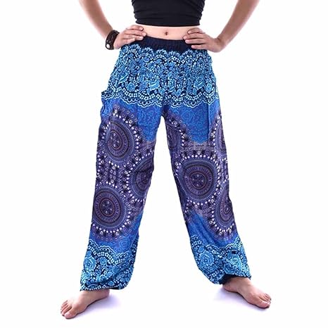 Zegeey Yoga Hosen Damen Unisex Haremshose mit Gesmoktem Bund Pfauendruck Blumenmuster Thai Hippie Hose Hosenrock Haremshose P