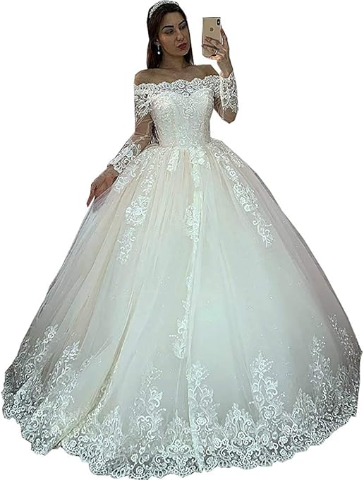 iluckin Women Off The Shoulder Long Sleeves Princess Wedding Dress for