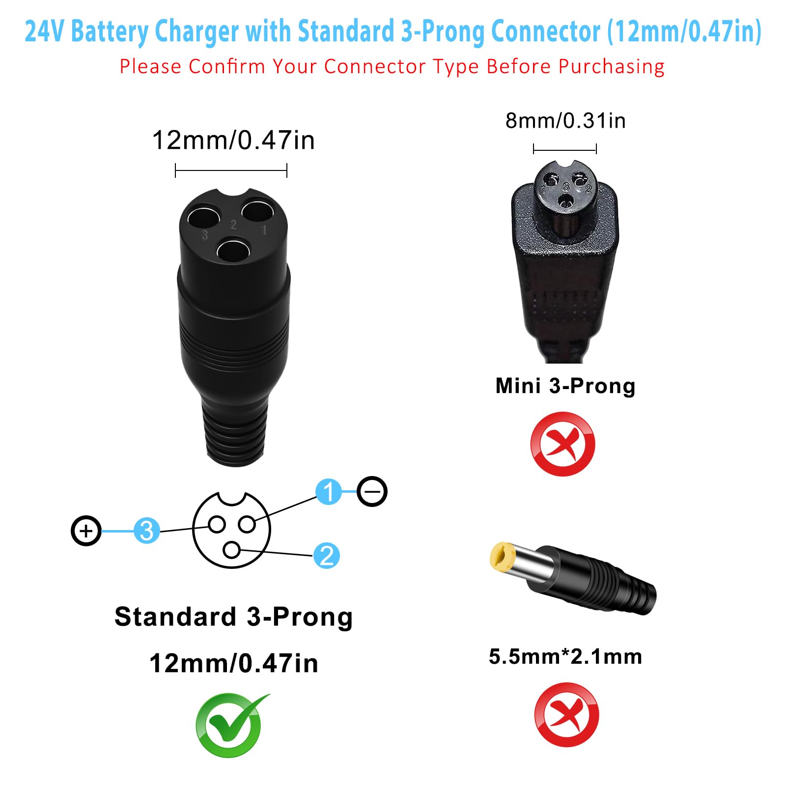 24V Electric Scooter Charger for Razor E300 E200 E150 E125 E100 MX350 Dirt Bike Pocket Mod Sports Mod Dirt Quad Motorcycle Razor Scooter Charger 3-Prong Inline Female Electric Battery Power Cord