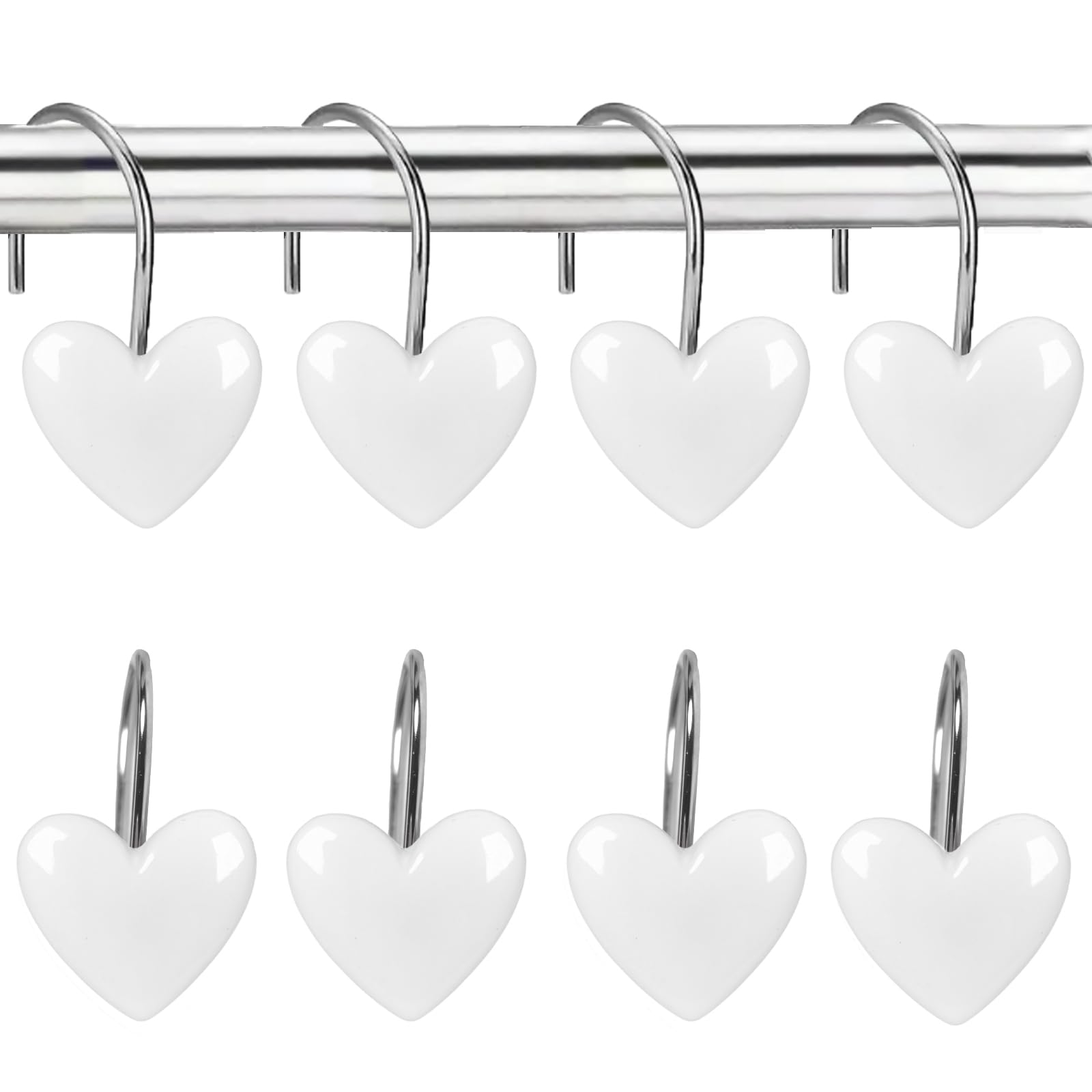 Photo 1 of 12PCS Elegant Heart Shower Curtain Hooks - Classic White Bathroom Accessories, Rustproof Metal Hooks for Modern Homes, Hotels, Minimalist Bathroom Decor, Easy Install Shower Rings