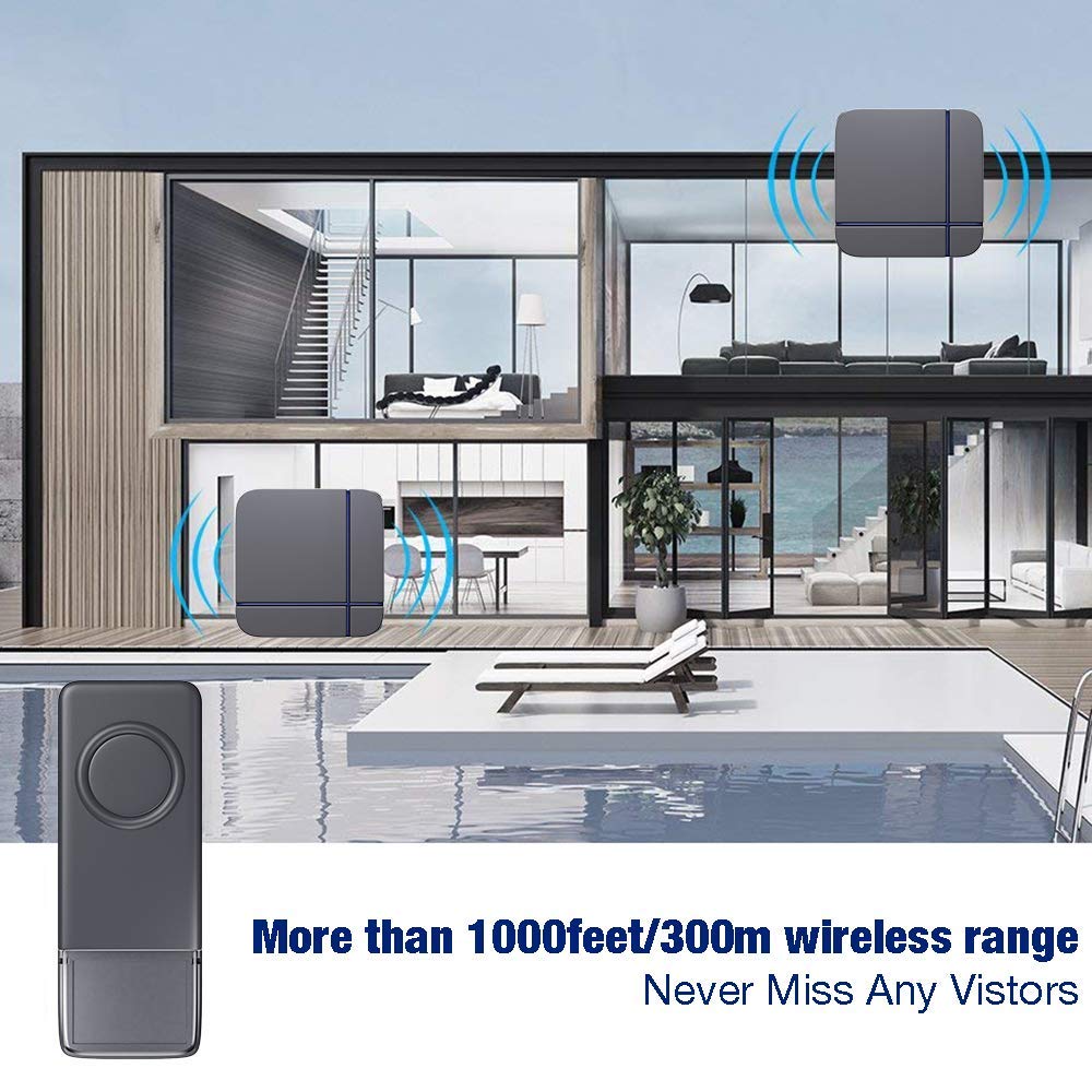 Wireless Doorbell Grey, 2 Plug in Waterproof Doorbell Kit, Best Cordless Door Chime With 1000 feet / 300m Range, 52 Chimes, IP55 Waterproof Button, 4-Level Volume & Blue LED Light-Umarie