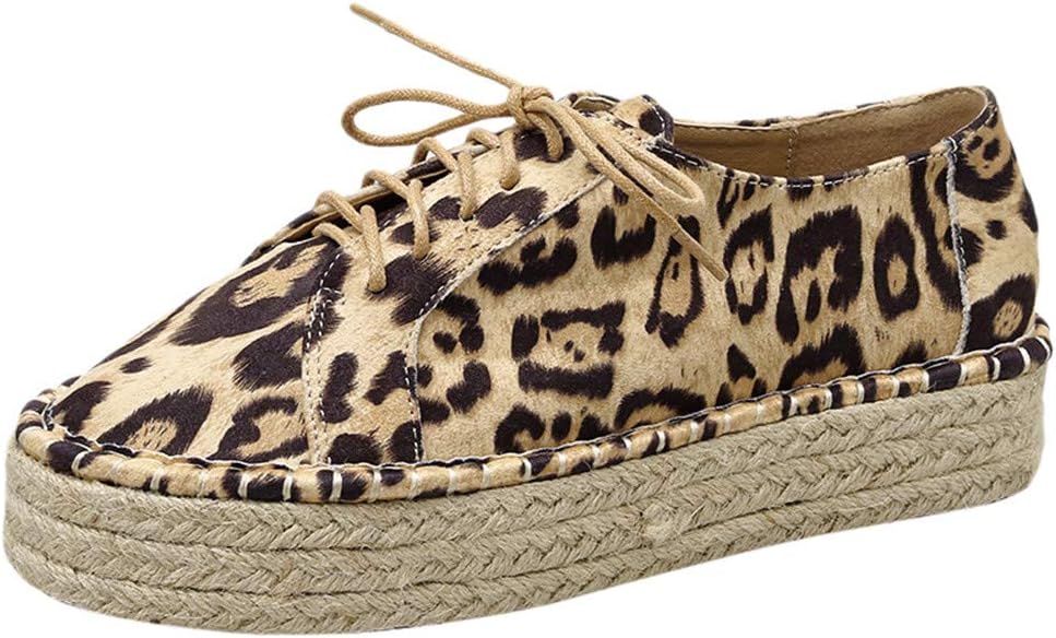 Women's Leopard Sneakers Shoes Platform Espadrille Shoes Lace Up Canvas Shoes Casual Round Toe Flat Shoes