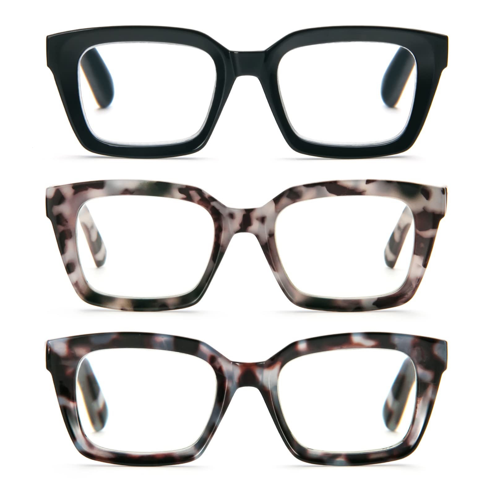 MMOWW 3-Pack Oversized Reading Glasses for Women - Anti Blue Light Glasses with Square Frame (Black+Blue Grey Tortoiseshell+Brown Grey Tortoiseshell, 3.0)