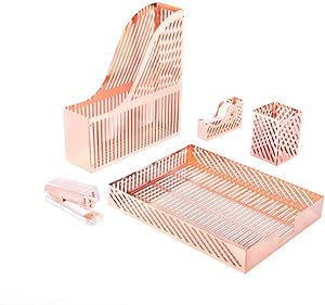 Sirmedal Modern rose gold metal desk organizer set -3 pieces, File Holder, Desk Tray and Pen Holder, Office Supplies Desk Accessories great for women