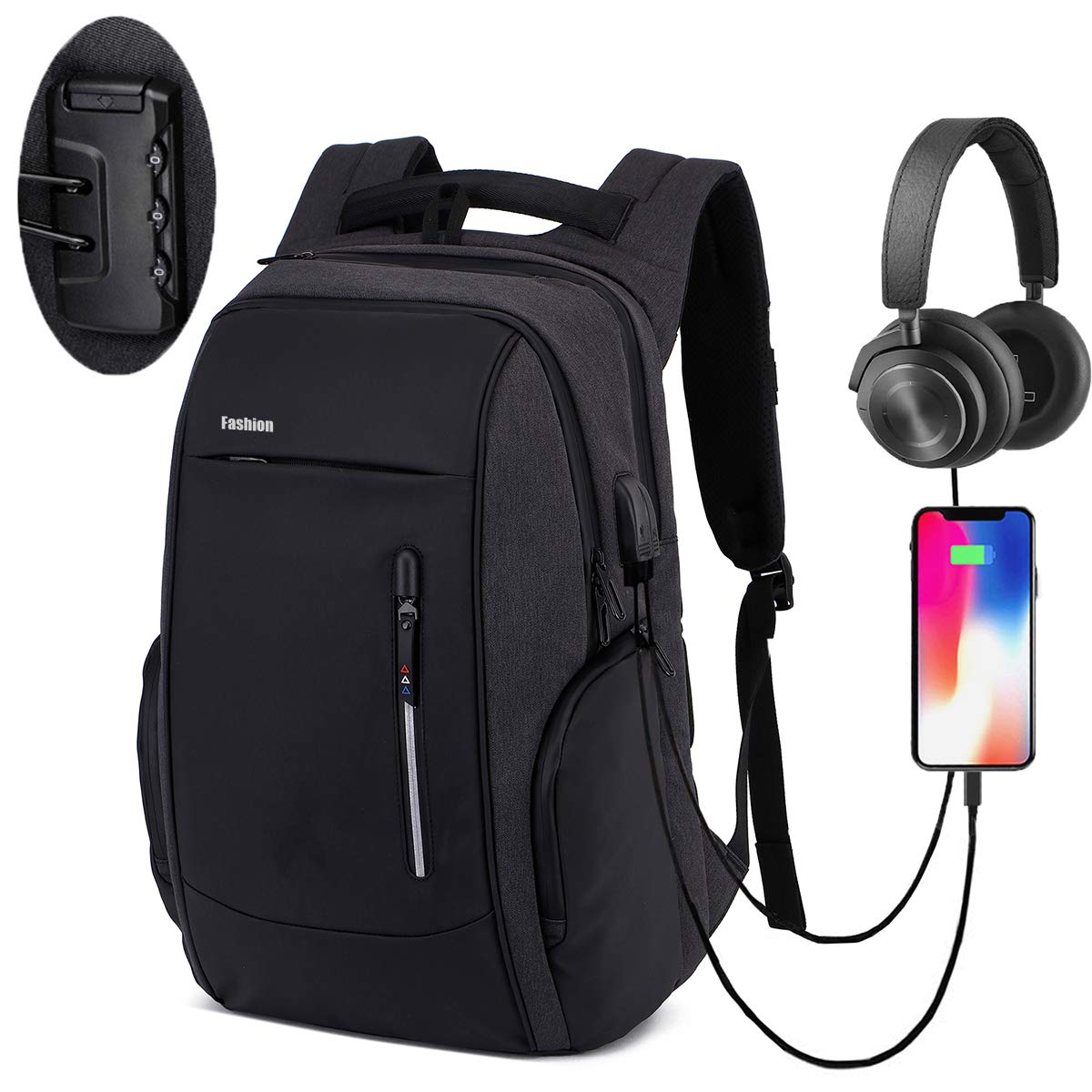 Xnuoyo Laptop Zaino Antifurto, 17.3 Pollici Impermeabile Zaino Porta PC con Porta USB di Ricarica Interfaccia Cuffie Zaino da Viaggio per Il Viaggio per Notebook Tablet da 12-17 Pollici, Nero