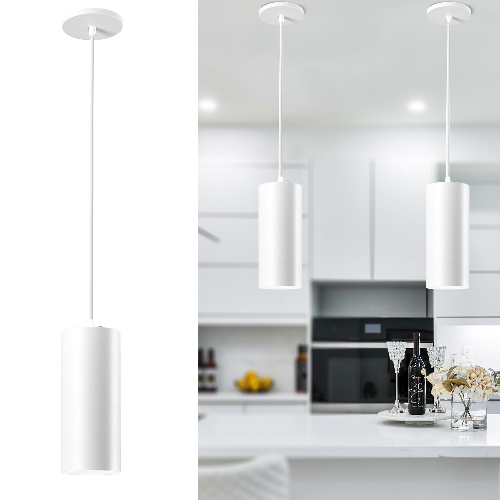 Photo 1 of SAMPHON 4" Pendant Lights Kitchen Island, 25W Cylinder Hanging Lights with Dipswitch, Modern Eye Care Led Pendant Lamp fixtures for Bedroom, Living Room, Office (White, 2 Pcs)