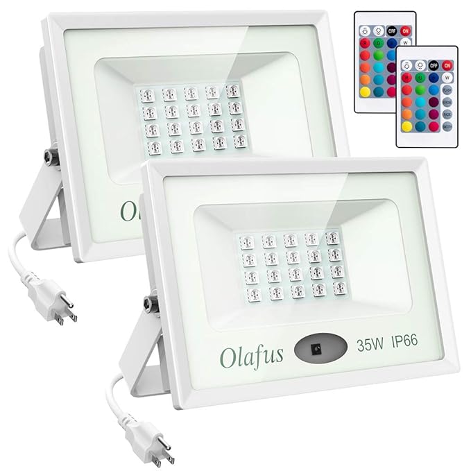 Olafus 2 Pack 35W RGB LED Flood Light, Remote Control Dimmable 16 Color