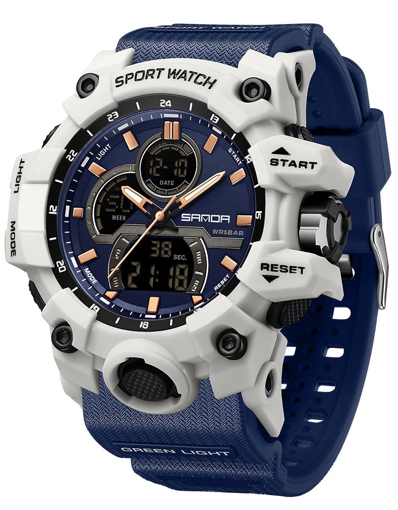 FANMIS Men's Solar Powered Casual Quartz Watch Digital & Analog Multifunctional Sports Watch Blue