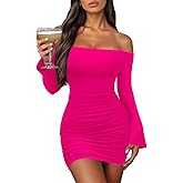 Women's Off Shoulder Bodycon Mini Dress Elegant Long Sleeve Ruched & Ribbed Tight Fit Clubwear for Cocktail Party,Date Night
