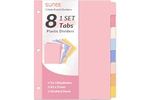 SUNEE 8 Tab Binder Dividers,Plastic Dividers for 3 Ring Binder,3 Ring Binder Dividers with Tabs for School Office Home Supplies,Pastel Color, 1 Set