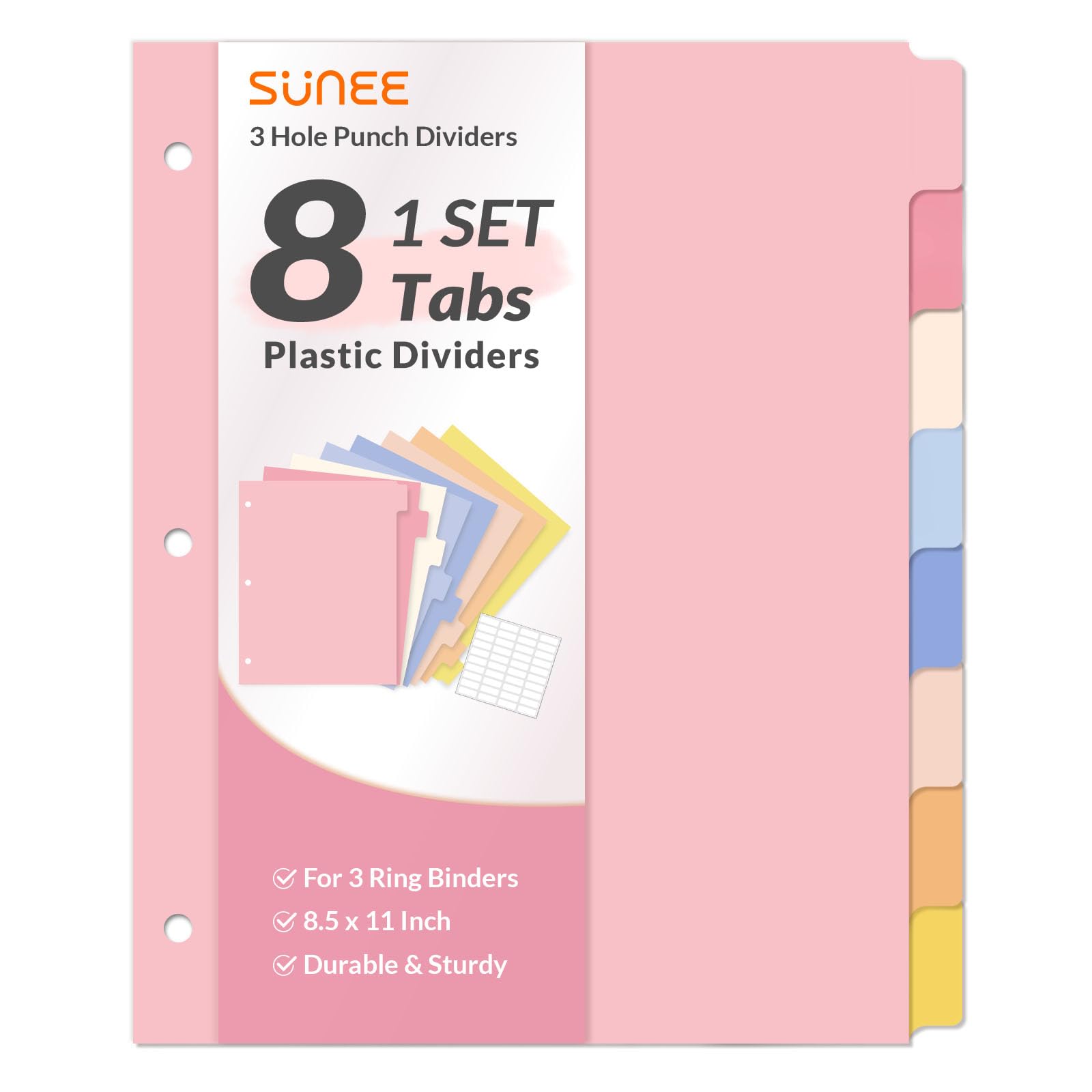 Photo 1 of SUNEE 8 Tab Binder Dividers,Plastic Dividers for 3 Ring Binder,3 Ring Binder Dividers with Tabs for School Office Home Supplies,Pastel Color, 1 Set