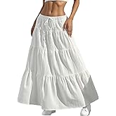Women's Boho Maxi Skirt Summer Flowy Ruffle Long Skirts Flared Tiered A-Line Elastic High Waist Pleated Beach Skirt