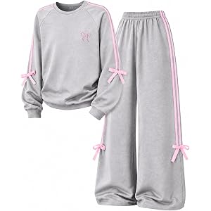Cakaner Girls Sweatsuit Set Long Sleeve Sweatshirt & Wide Leg Pants Matching Set with Bow 2 Piece School Outfit Size 8-13