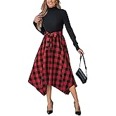 CUPSHE Womens Christmas Plaid Dress Holiday Long Sleeve Flowy Midi Dress Mock Neck Belted Dresses with Pockets