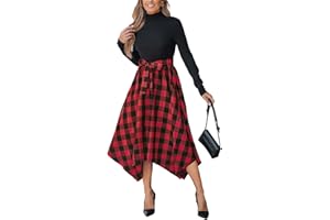 CUPSHE Womens Christmas Plaid Dress Holiday Long Sleeve Flowy Midi Dress Mock Neck Belted Dresses with Pockets