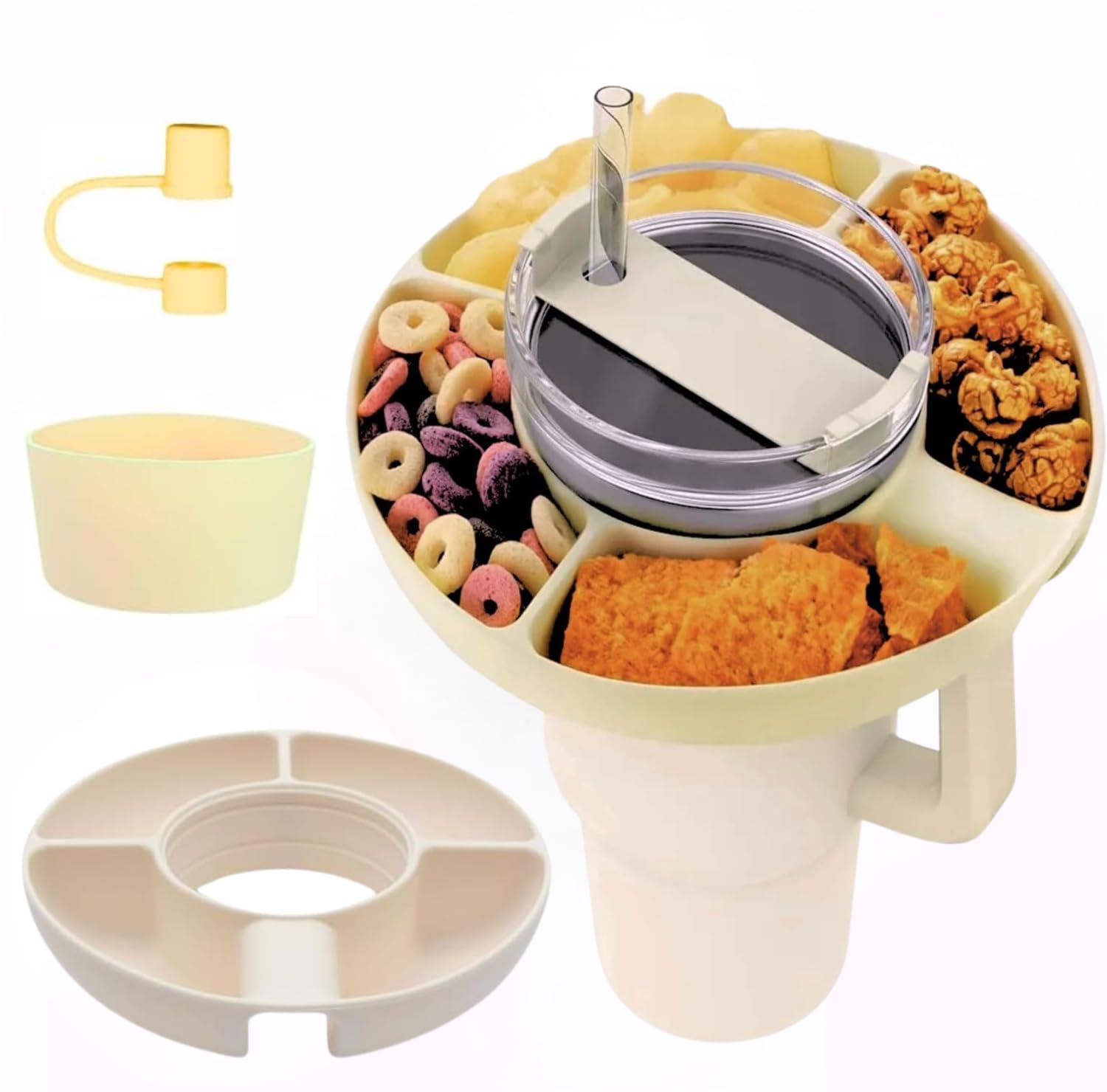 Tuilful Snack Tray for Stanley Cup 40oz | 4 Silicon Compartments Tray, Stanley Accessories kit Bottom Boot & Straw Cover Caps, Fits 40 oz Quencher H2.0 Cup - Stanley Accessories (Cream)