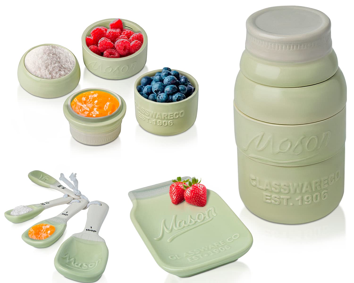 Vintage Kitchenware Set by Comfify - Multi-Piece Kitchen Ceramic Décor Set w/ 4 Measuring Cups, 4 Measuring Spoons and Spoon Rest - Attractive Vintage Style, in Acqua Blue Embossed Ceramic