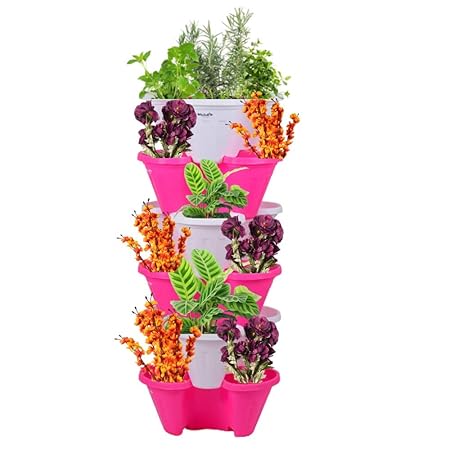 POTS4NATURE Plastic Stack-A-Pot Decorative Pots for Garden, Indoor & Out Door Planter for backyards, Balconies and patios (Pink and White) 6 Pcs