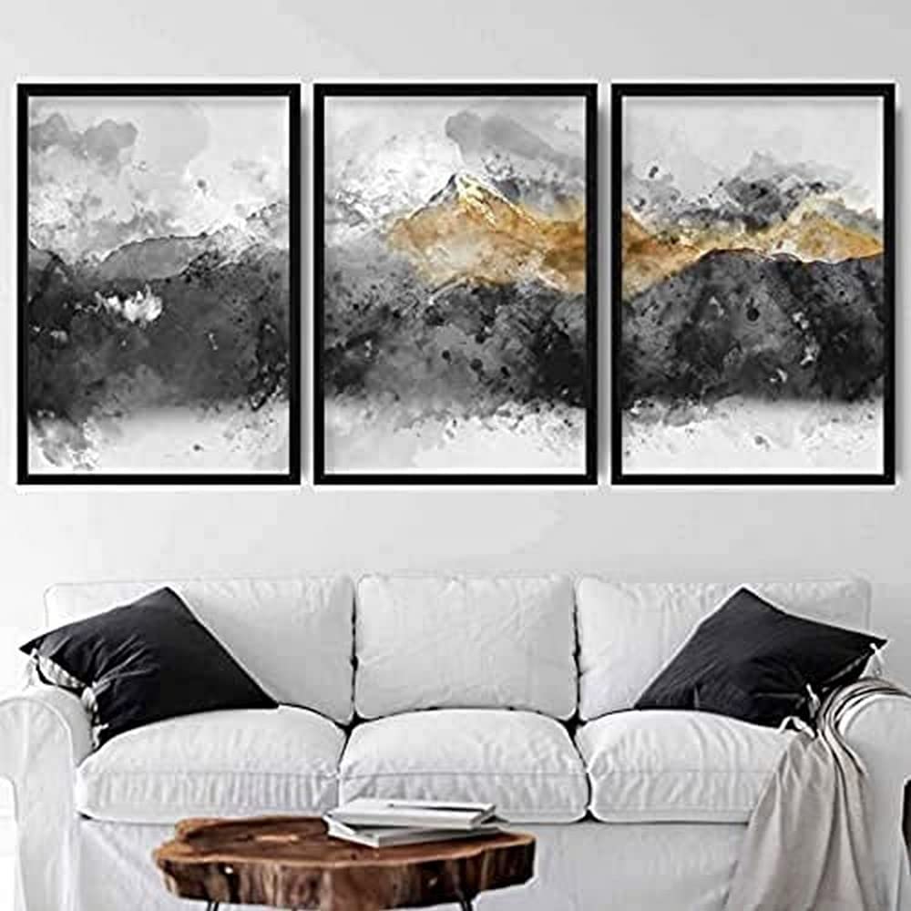 Artze Wall Art Abstract Art Print of Paintings Mountains 3-Piece Set, 30 cm Width x 40 cm Height, Black/Grey/Yellow