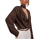 SHENHE Women's Cowl Neck Blouse Long Sleeve Draped Sexy Dressy Sheer Blouse Top with Scarf