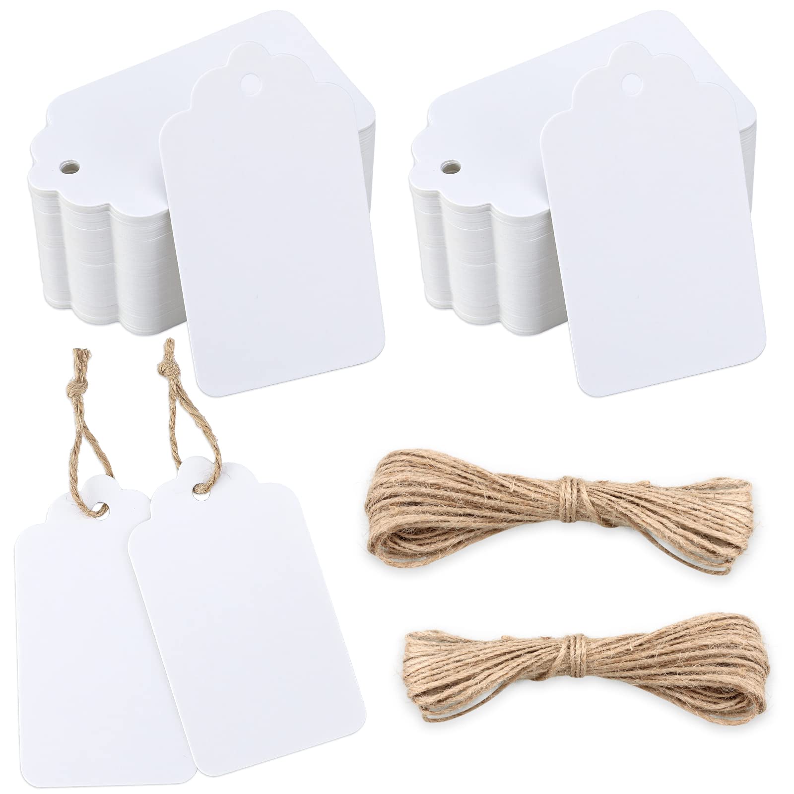 jijAcraft 100Pcs White Gift Tags, 7X4CM Craft Hang Tags for Christmas, Wedding, Party Favours with 20M Jute Twine