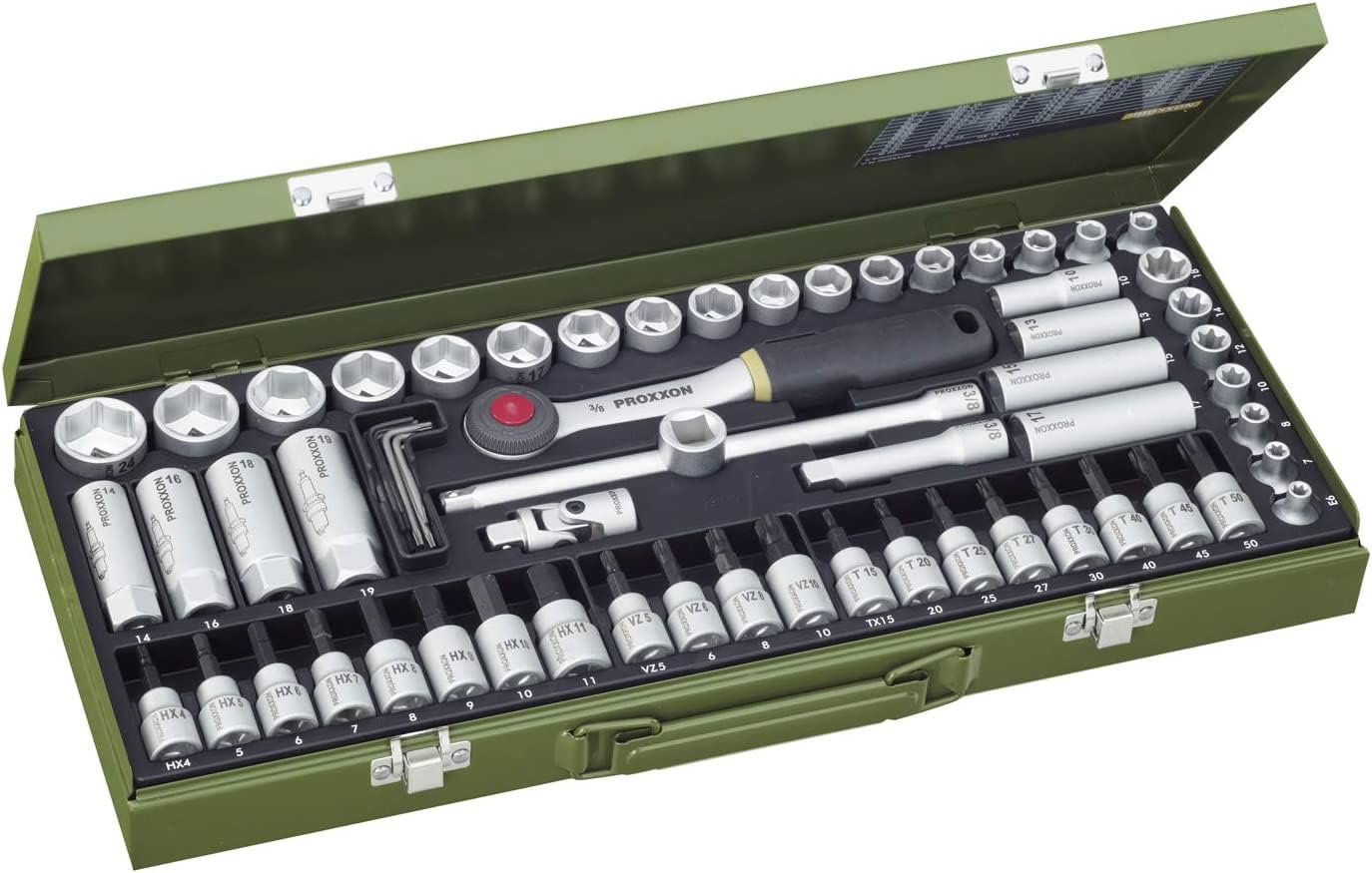 Proxxon 23112 Super Compact Socket Wrench Set with 10 mm (3/8 Inch) Reversible Ratchet 65-Piece Tool Set in Steel Box