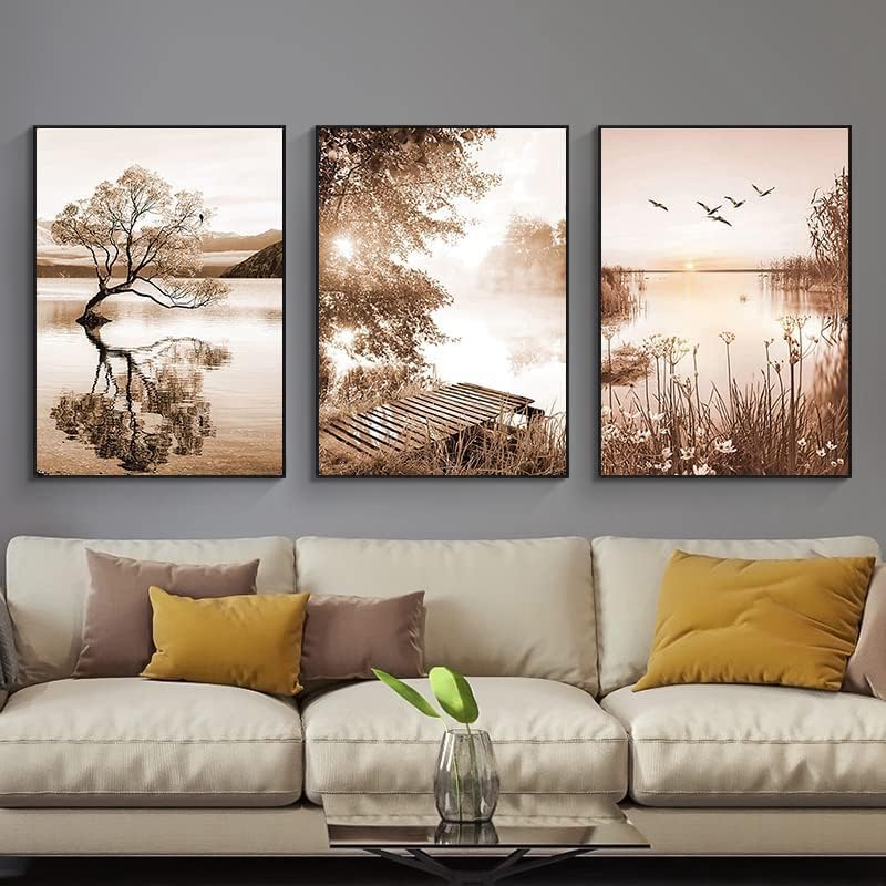 LPFNSF Beige Home Decoration Poster, Modern Reed Plant Decoration Landscape Painting, Bedroom, Living Room, Office Background Wall Decoration Poster, Frameless. (Style 2, 60x90cm*3)