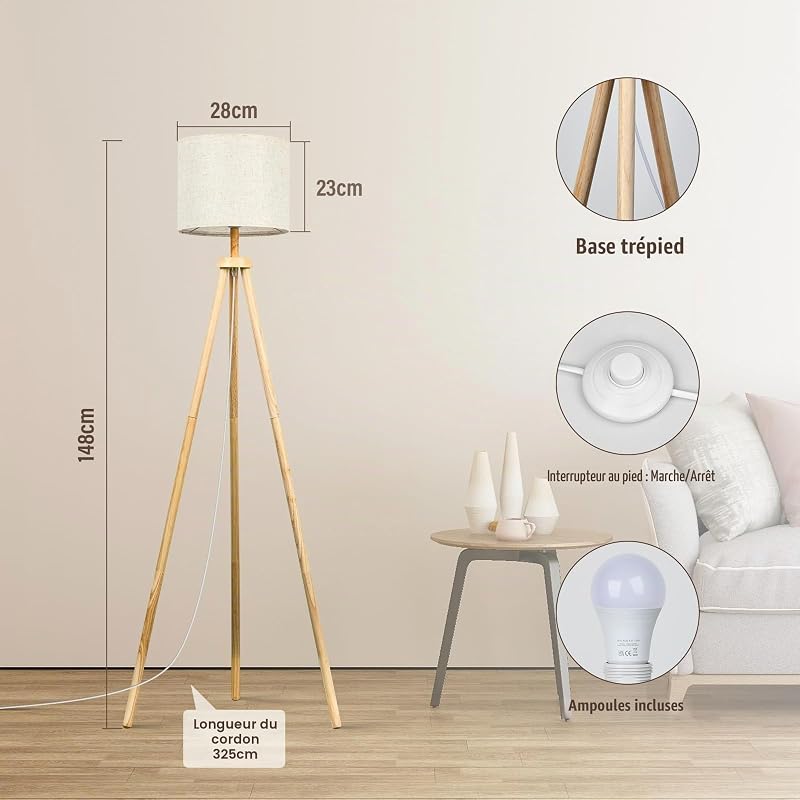 Lampadaire Trépied LED Dimmable, Ampoule E27 12W Fournie Lampe sur Pied en Bois avec Télécommande et Interrupteur à Pied, 3 Températures de Couleur Lampadaire Salon