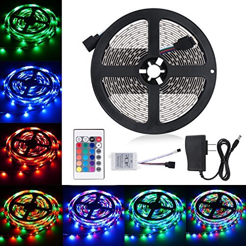 Boomile 16.4Ft LED Light Strip SMD 3528 RGB 300 LEDs strip lights,12V DC Light Strips, LED Color Changing Kit with Flexible Strip Light+24 Key IR Remote Control+Power Supply For Home Kitchen Car Bar