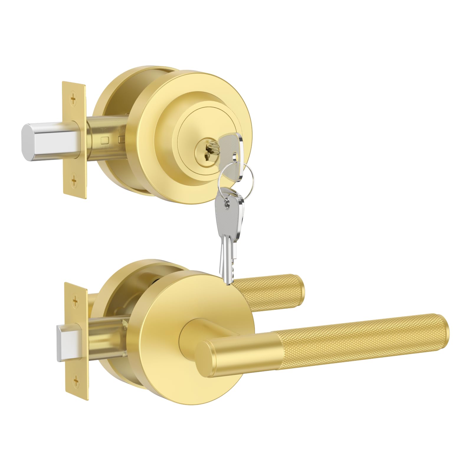 Photo 1 of Asidrama Premium Brushed Gold Zinc-Alloy Front Door Lock Set: Double Cylinder Deadbolt, Heavy Duty Security Handleset for Left/Right Exterior Doors, Universal Entry Locks (2 Pack)