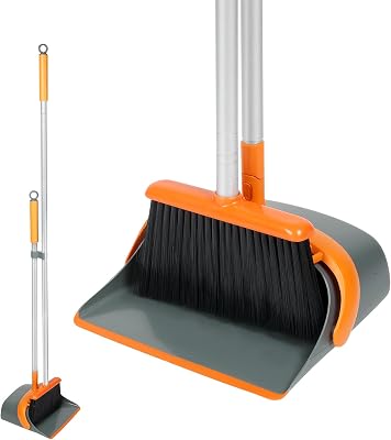 Set mit Besen und Kehrschaufel, ideal für eine effektive Reinigung zu Hause, 137 cm langer Griff (orange und grau)