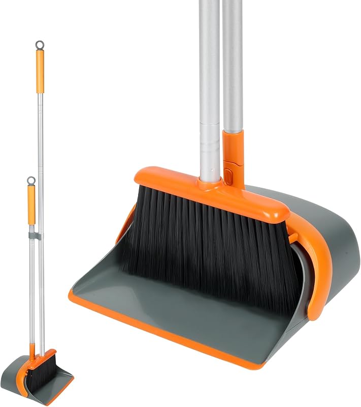 Set mit Besen und Kehrschaufel, ideal für eine effektive Reinigung zu Hause, 137 cm langer Griff (orange und grau)