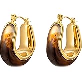 Unurgoonit Gold Hoop Earrings for Women with Brown Resin Accents, Chunky Statement Hoops Jewelry