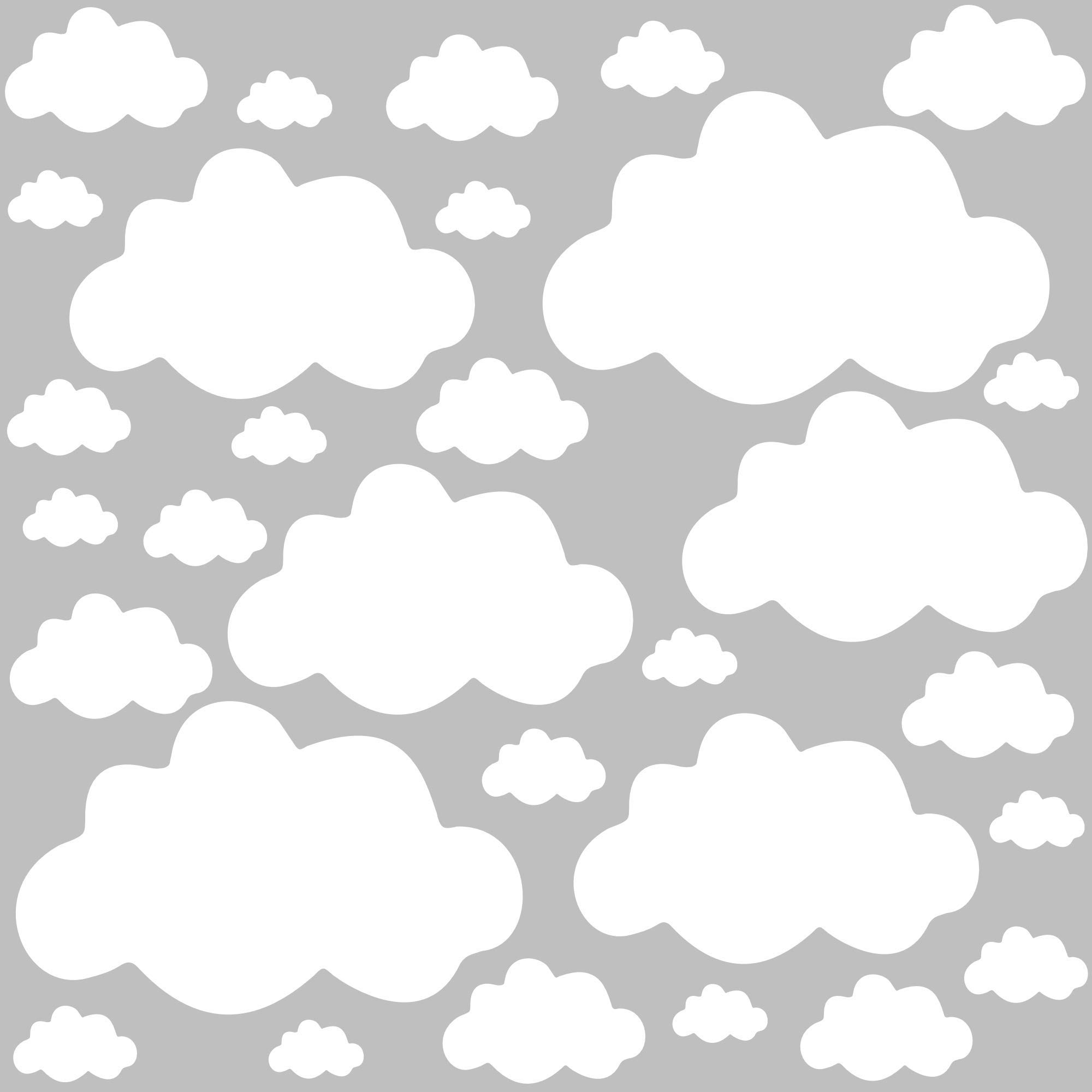 PREMYO Set of 30 Cloud Wall Stickers Kids - Nursery Decor Easy to Apply - Decals for Bedrooms for Girls Boys White