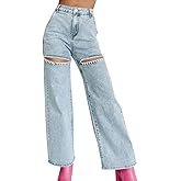 ROMRUM Women's Straight Legs Ripped Jeans Summer Casual Baggy High Waisted Distressed Cutout Rhinestone Denim Long Pants