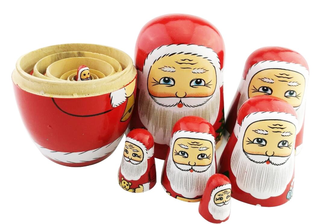 Winterworm Cute Creative Santa Claus's Bringing Kinds of Gifts to You Pattern Handmade Wooden Matryoshka Dolls Russian Nesting Dolls Set 7 Pieces for Kids Toy Birthday Home Decoration