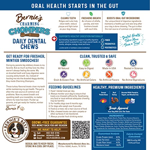 BERNIE’S CHARMING CHOMPERS – DAILY DENTAL CHEWS FOR DOGS 26-50 LBS. – 36 COUNT – CLEANS TEETH, FRESHENS BREATH, + BOOSTS ORAL-GUT MICROBIOME. EASY TO DIGEST, SUPPORTS HEALTHY DIGESTION NATURALLY