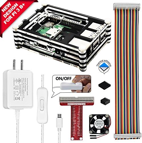 REXQualis Raspberry Pi 3 B+ (B Plus) Case with Fan, 2 Pcs Heatsinks, 2.5A Power Supply, T Type GPIO Breakout Board, 40 Pin Rainbow Cable for Raspberry Pi 3 Model B+ (Black + Clear)