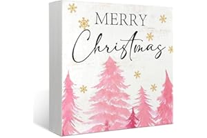 Mtrgdn Pink Christmas Decor Wooden Box Decor Sign,Rustic Merry Christmas Signs for Bedroom Bathroom Home Office Desk Shelf Table Wall Decor,Small Pink Xmas Tree Indoor Decorations Gifts for Women Girls,5x5 Inch