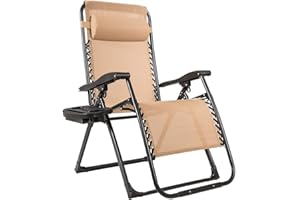 Goplus Zero Gravity Chairs, X-Large Outdoor Lounge Lawn Chair with Cup Holder & Detachable Headrest, Adjustable Folding Patio Recliner for Pool Porch Deck Oversize (Beige)