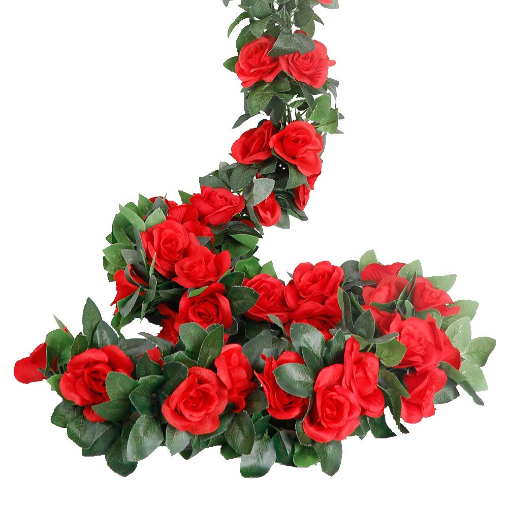 LESING Rose Garlands Artificial Rose Vines, 4PCS(28.8FT) Fake Silk Flower Vines with Greenery Plants for Wedding Hanging, Home Office Arch, Garden Decoration (Red)