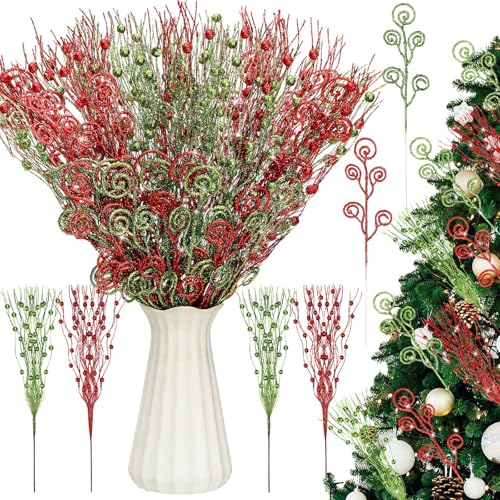 Daifunli 36 Pcs Christmas 17'' 12'' Artificial Glitter Curly Berry Stems Christmas Candy Picks and Sprays Ornaments Fake Xmas Tree Sticks Branches for Wreath Vase Home Decorations (Red, Green)
