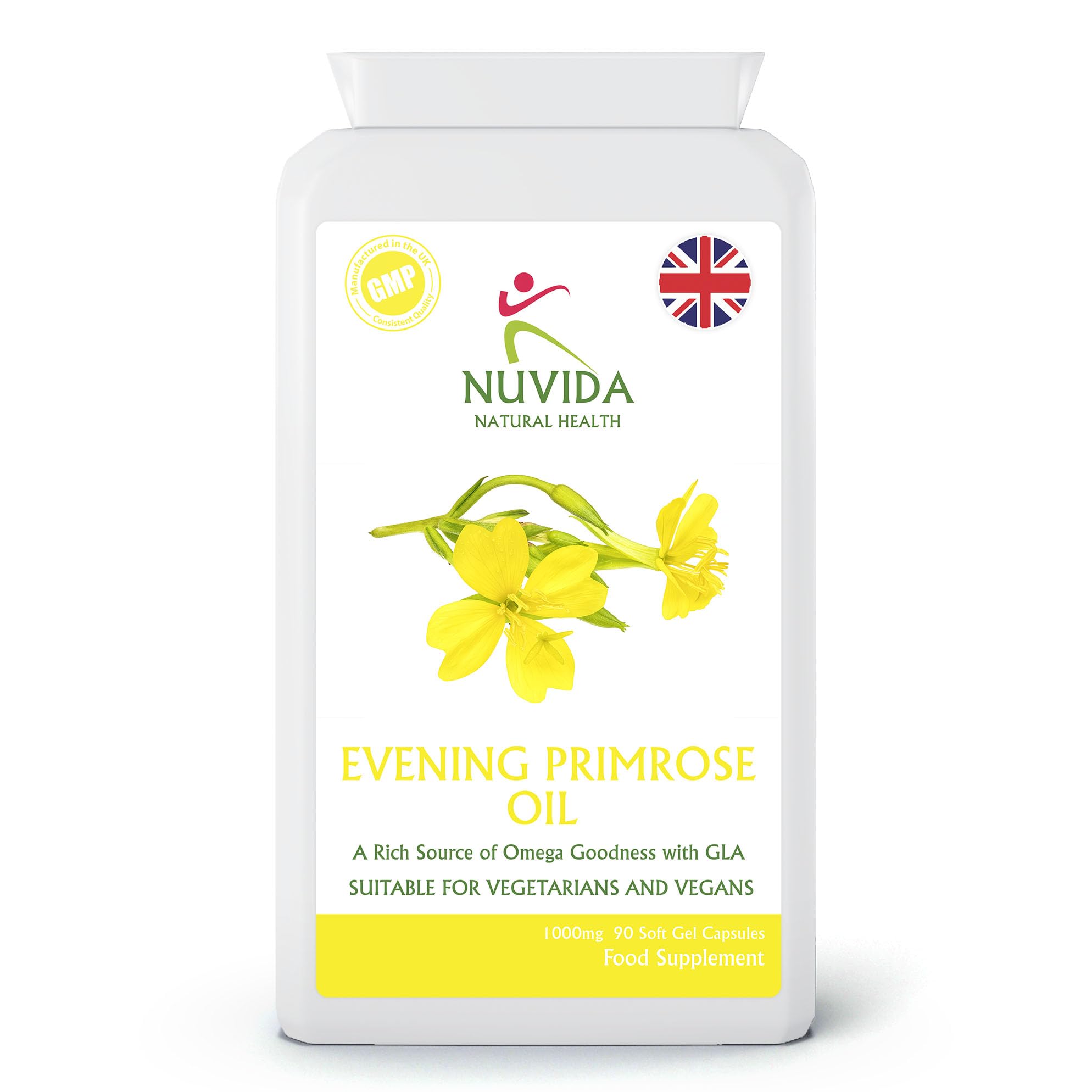 Nuvida Evening Primrose Oil 1000mg Capsules – High Strength GLA Omega 6 with Vitamin E – Vegan Friendly Softgels – 90 Capsules – UK Manufactured Supplement
