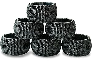 Ajuny Handcrafted Beaded Black Napkin Ring Round Decorative 1.5" Napkin Holders - Set of 6 - for Table Décor, Dinner Party, Wedding Party, Dining Parties, Table Decoration