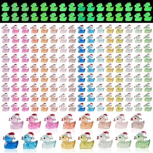 160pcs Luminous Mini Dollhouse Glitter Ducks Colorful Christmas Tiny Resin Ducks Plastic Animal Figures to Hide and Seek for Fairy Garden Landscape Aquarium Decorations Potted Plants Festive Decor
