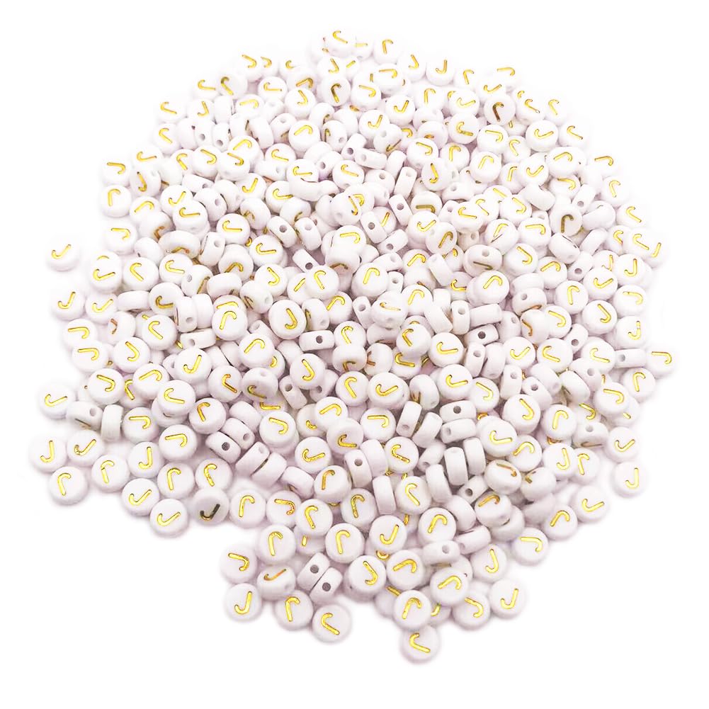 500PCS 4x7mm Acrylic Letter Beads J for Friendship Bracelets Jewelry Making, White Flat Round Acrylic with Golden Alphabet Beads for DIY Crafts Bracelets Necklaces Key Chains Phone Lanyard