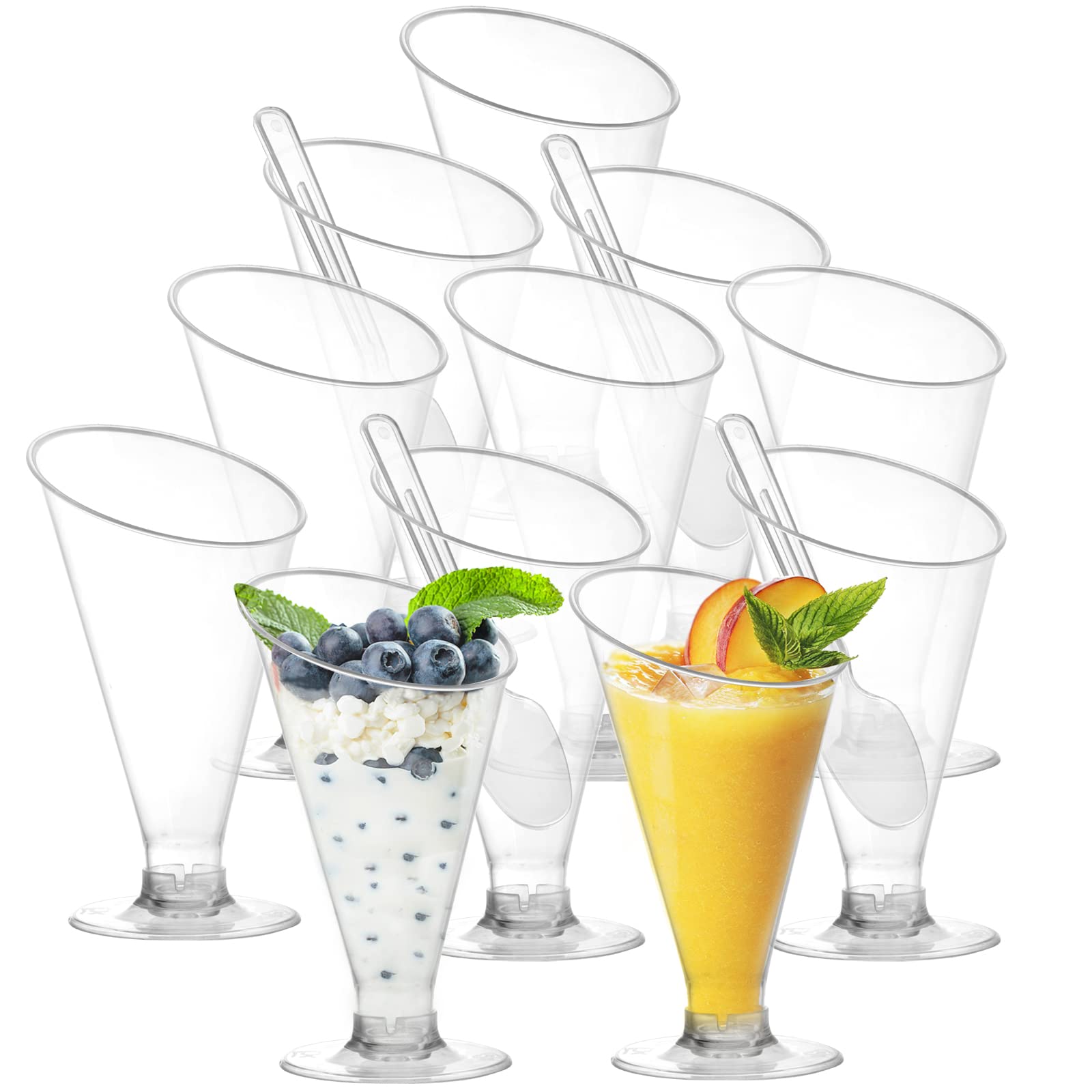 Photo 1 of Foraineam 100 Pack Clear Dessert Cups with Spoons, 4 oz Disposable Plastic Champagne Flutes Cocktail Glasses, Reusable Parfait Appetizer Cup Mousse Cups for Home Gatherings, Events, Parties, Weddings