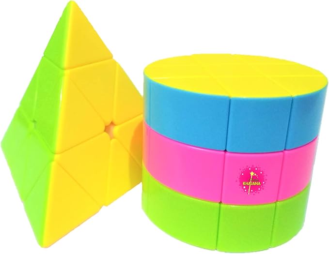 Online Khajana Puzzle Game Combo for Kids, Cylindrical and Pyraminx Magic Speed Cubes, Fast and Smooth Stickerless Cube, Set of 2, Size 3x3