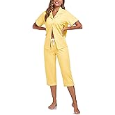 COLORFULLEAF Women's 100% Cotton Pajama Sets Button Down Sleepwear Short Sleeve Shirt & Capri Pants Lounge Set Knit