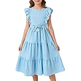 GOTHLETIC Girls Summer Dresses Ruffle Sleeve Dress A Line Swing Belted Casual Solid Color Party Dress 6-14 Years